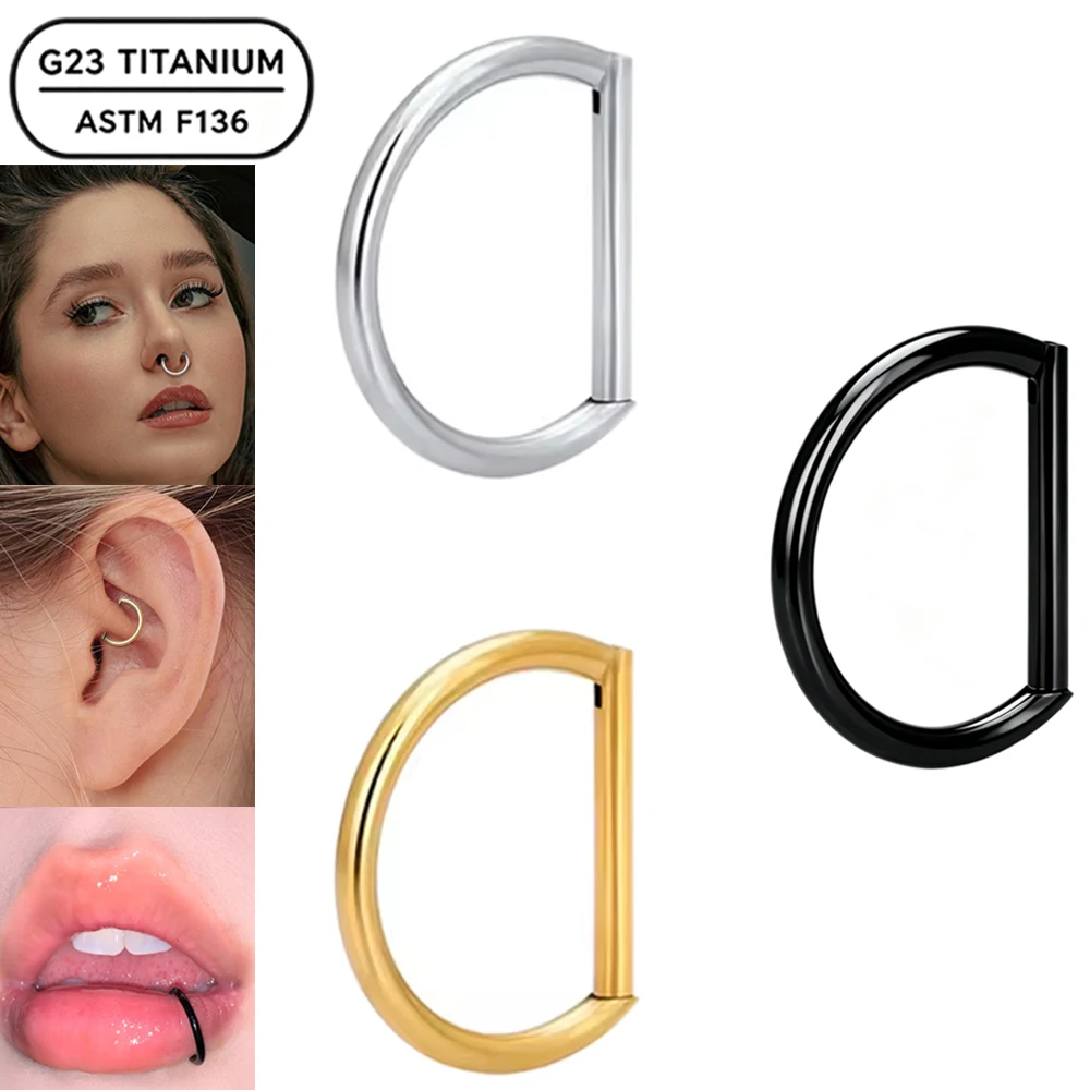 1PC G23 ASTM F136 Titanium 16G D Shape Hinged Segment Clicker Nose Ring CZ Cartilage Tragus Helix Piercing Earrings Body Jewelry