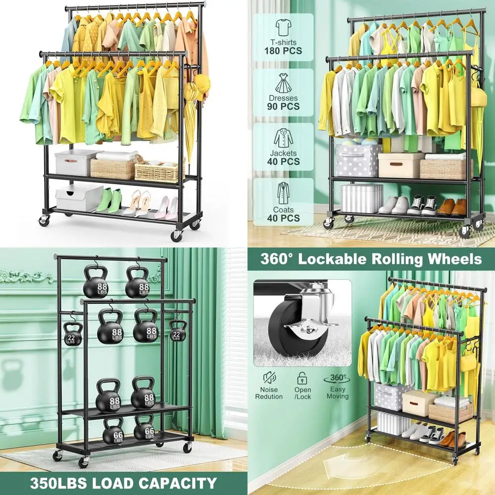Double Rod Clothing Rack Heavy Duty with Oxford and Mesh Bottom Shelves, Garment Racks for Hanging Clothes, Portable Wardrobe Ra
