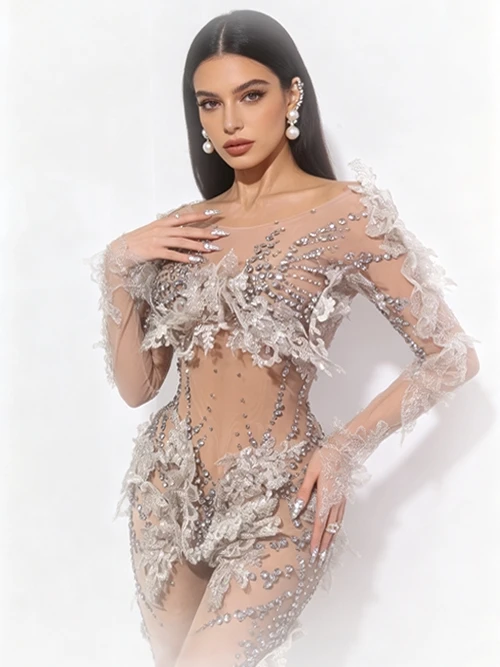 Luxury Sheer Mesh 3D Floral  RhinestoneBodysuit Off Shoulder Long Sleeve AppliqueDecor Women Evening Party Performance Costume