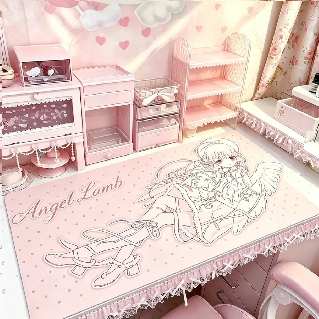 Polka Dots Pink Angel Lamb Wings Sexy Girl Lace Y2K Leather Desk Pad Protector Mouse Pad Office Desk Mat PU Desk Keyboard Pad
