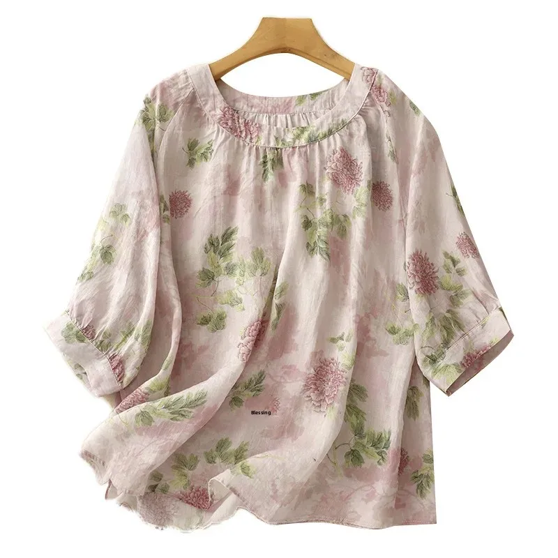 Summer New Loose Artistic Sweet round Neck Overhead Floral Hemp Shirt Women's Button-Up Shirt Comfortable Fit Regular Sleeve