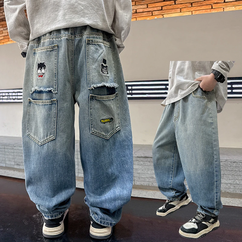 

New Design Kids Baggy Jeans For Elegant Child Straight Fit Jeans Trousers Teenage Boys Casual Loose Style Cartoon Denim Pants