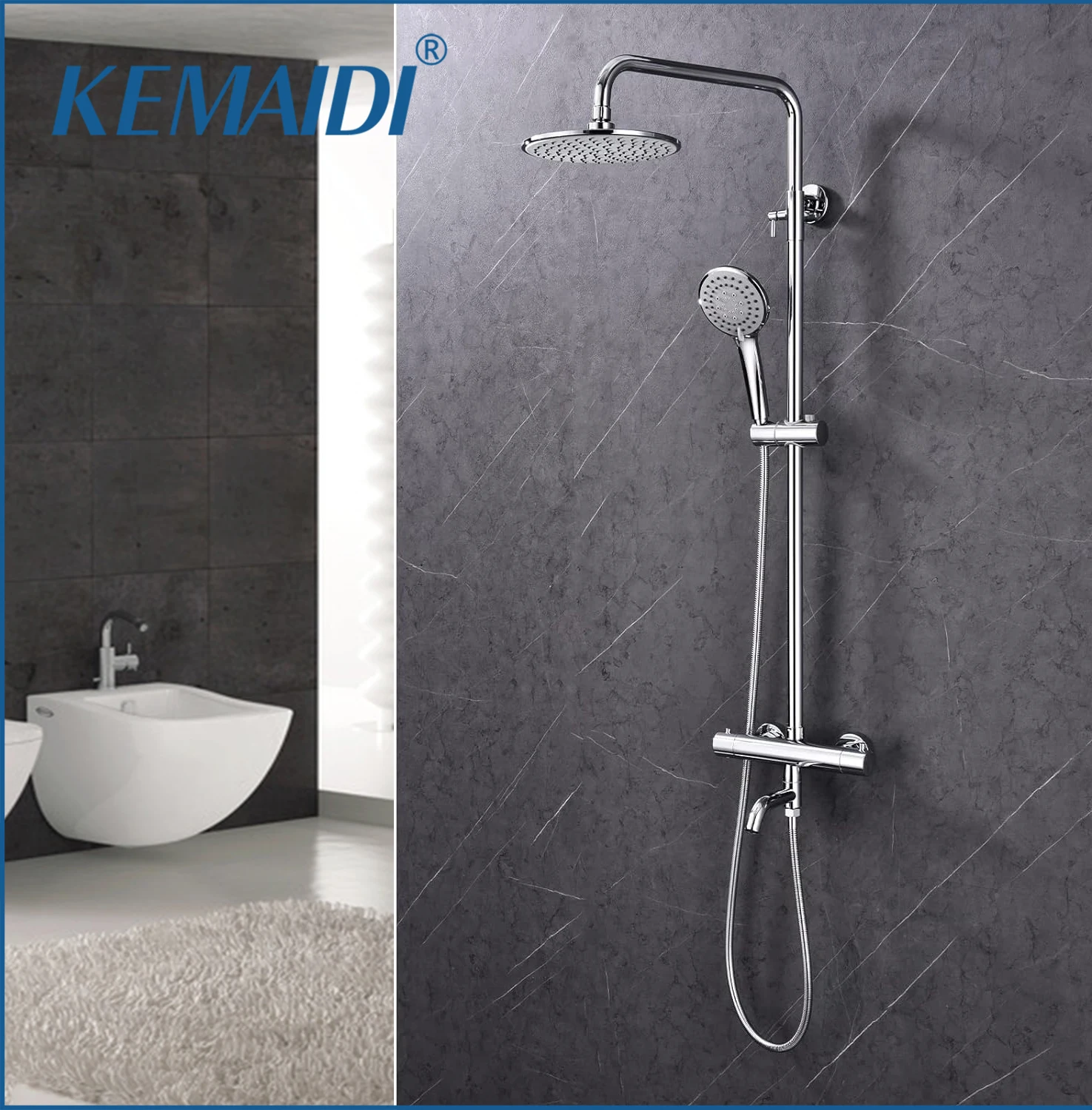 KEMAIDI Outdoor Shower Faucet Set 3 Function Thermostatic Rainfall Shower Faucet Set Handheld Sprayer with Constant Temperature