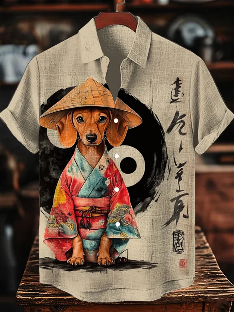 

Гавайская мужская льняная рубашка с коротким рукавом с рисунком кота, рубашка с коротким рукавом и воротником с клапаном, верхняя праздничная повседневная рубашка