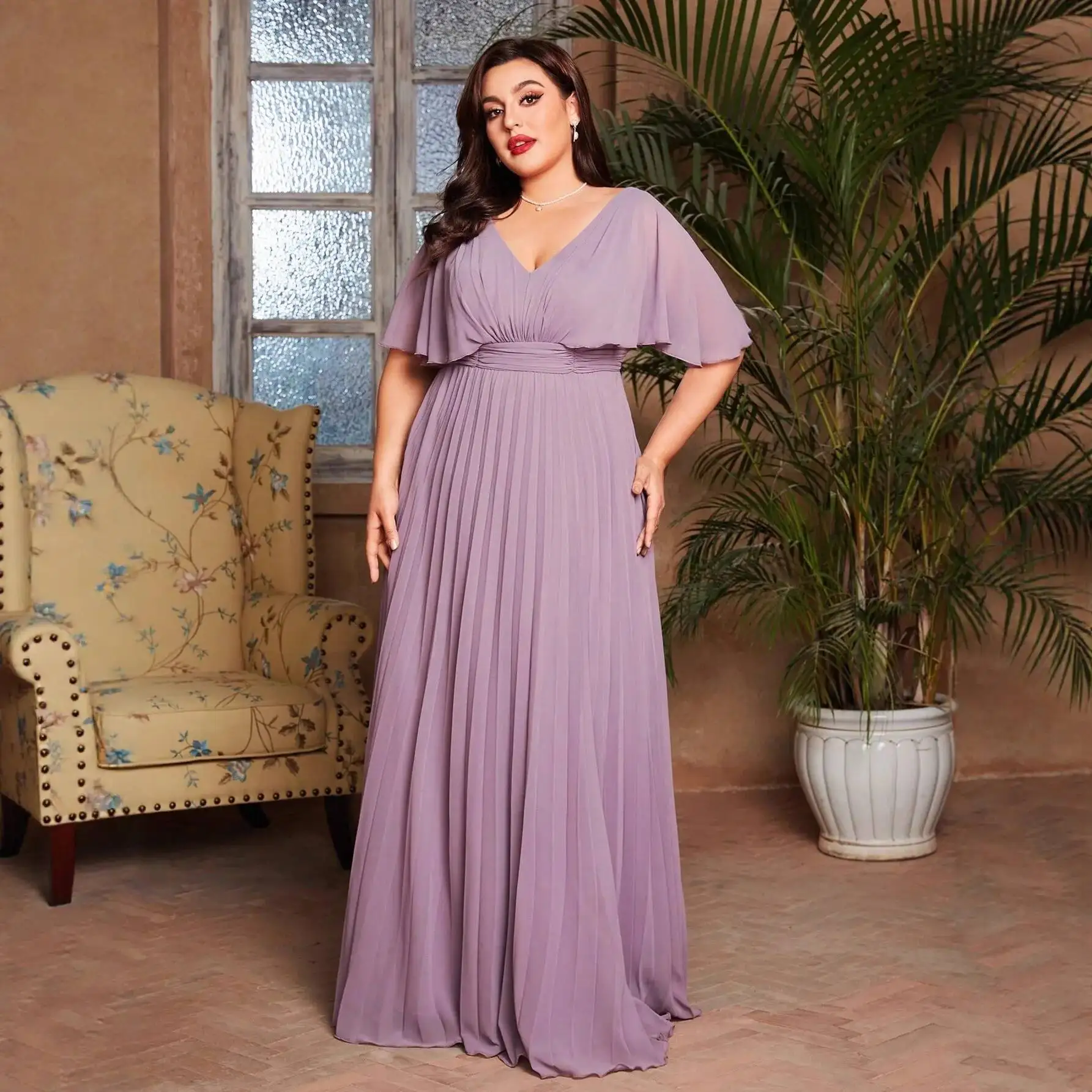 New Plus Size V-Neck Chiffon Long Dress 2026 Winter Ball Gown Slim Fit Host Dress