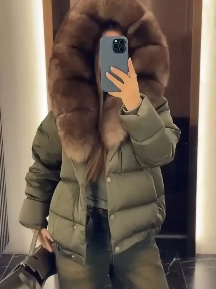 معطف دافئ بياقة من الفرو للنساء من Jaet مع غطاء رأس أوروبي Sle للتنقل، قصة مستقيمة بسيطة #1