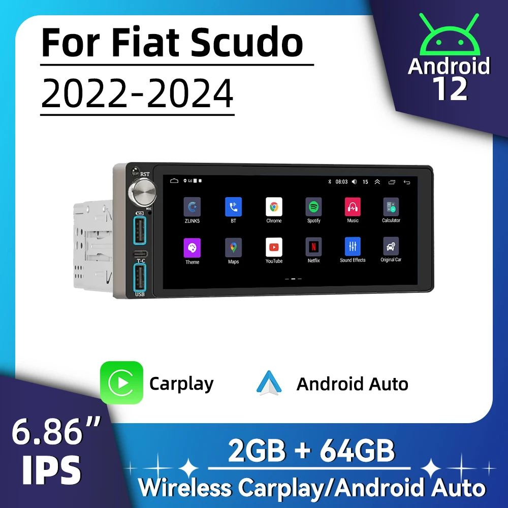 

6.86 Inch Screen Android Car Multimedia for Fiat Scudo 2022-2024 1 Din Radio Stereo Head Unit Carplay Autoradio GPS Navigation