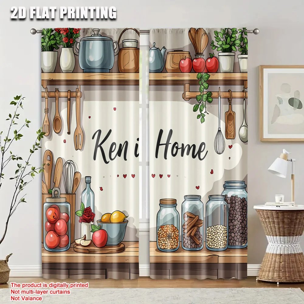 2pcs 2D flat printing Curtain Ken is Home kitchenware illustration Versatile 100% Polyester Without Electricity Festive Curtains