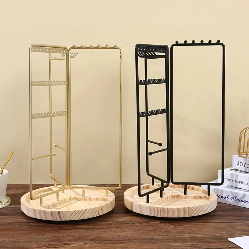 360° Rotatable Jewelry Organizer Stand Multi-Tier Earring Necklace Holder with Wooden Tray for Rings Bracelets Display Storage