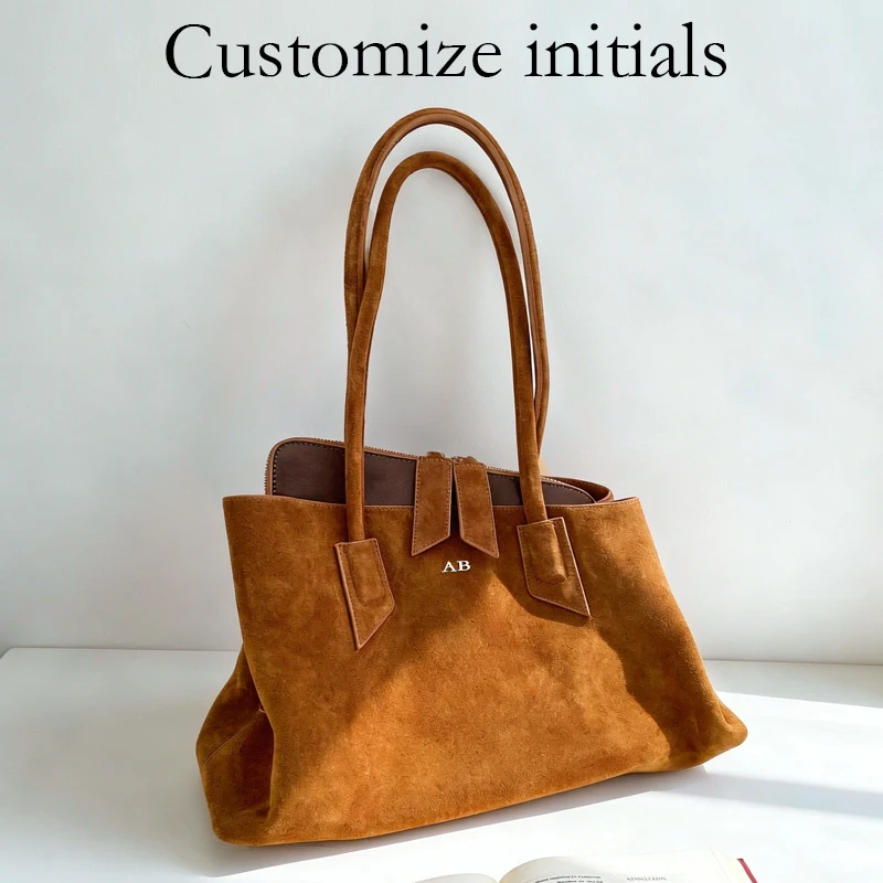 Customize Initials Leather Tote Bag For Women Luxury Designer Handbag 2026 New Suede Cowhide Multi-Compartment Underarm Shoulder