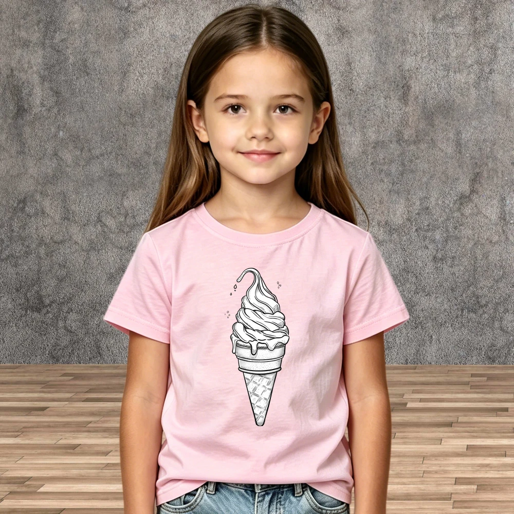 Cute Cartoon Ice Cream Print T-Shirt Boys Girls Soft Cotton Short Sleeve Shirts Kids Crew Neck Summer Children Daily Wear