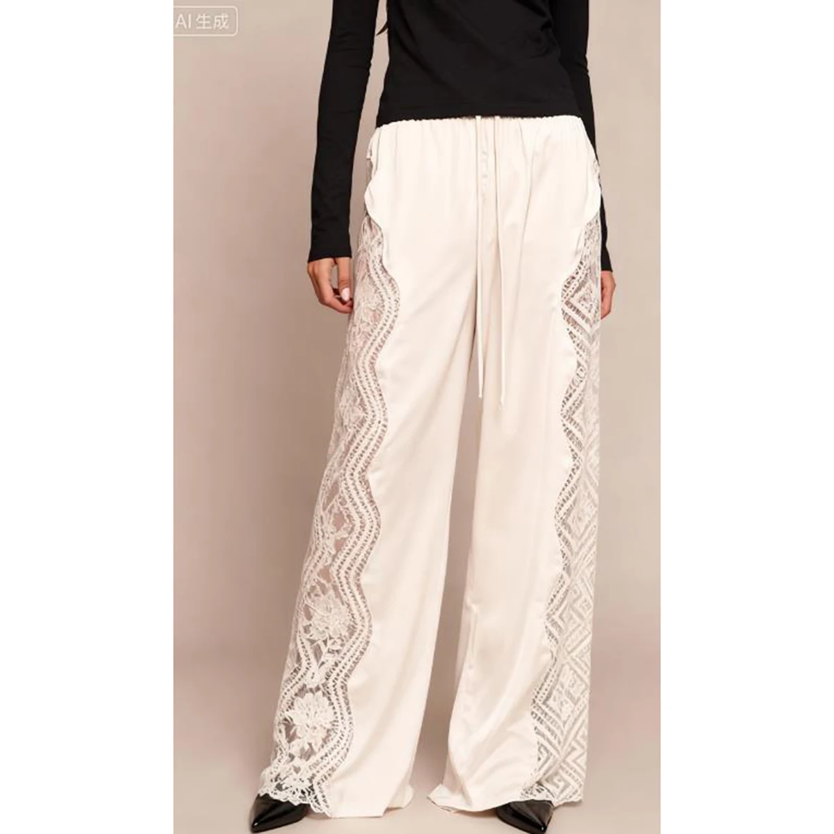 Women s Satin Wide Leg Trousers Lace Patchwork High Waisted Drawstring Lounge Pants Elegant Loose Fit Bottoms
