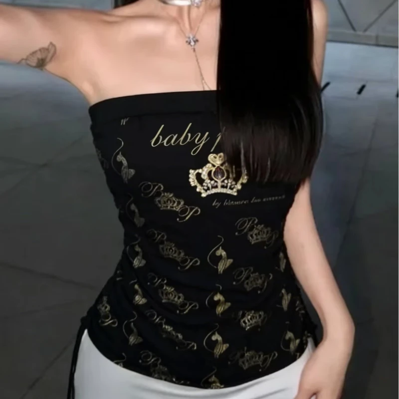 Harajuku Black Gold-plated Crown Letter Printing Design Drawstring Waist Women's Vest Retro Casual Tube Top Sexy Women's Top