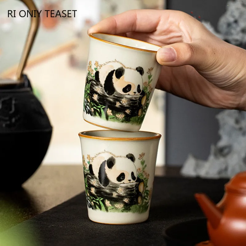 1 Pc Chinese Tradition Ru Kiln Ceramic Tea Cup Handmade Cute Panda Teacup Household Tea Bowl Master Cup Tea Set Accessories