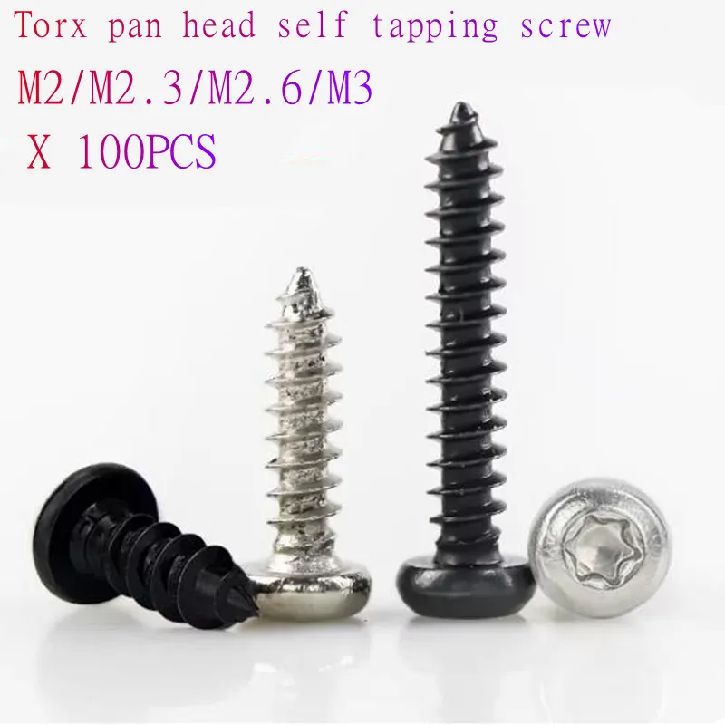 100pcs m2 m2.3 m2.6  M3 A2-70stainless steel and Black Steel Six Lobe Pan Head Torx Self Tapping Screw