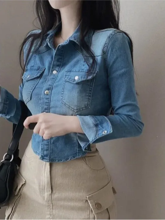 Slim Fit Chic Autumn Denim Jacket Women's Single Button Collar Asymmetrical Korean Style Casual Versatile Outerwear