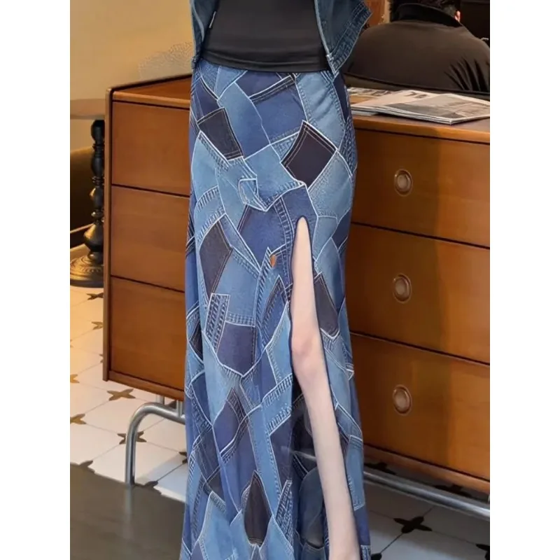 Women's Denim Print High Waist Slit Maxi Skirt Slim Fit Casual Elegant Long Skirt