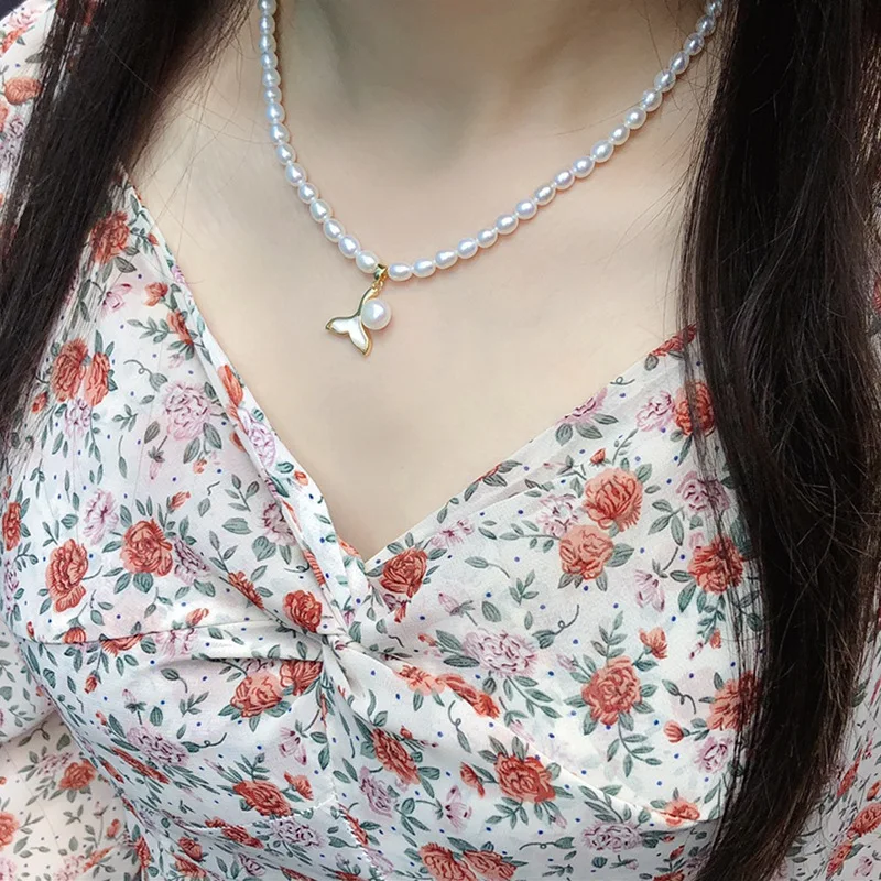 New Fish Tail Natural Freshwater Rice Shape Pearl Necklace for Women Summer 5-6mm Sweet Fashion Versatile and Modifies Collarbon