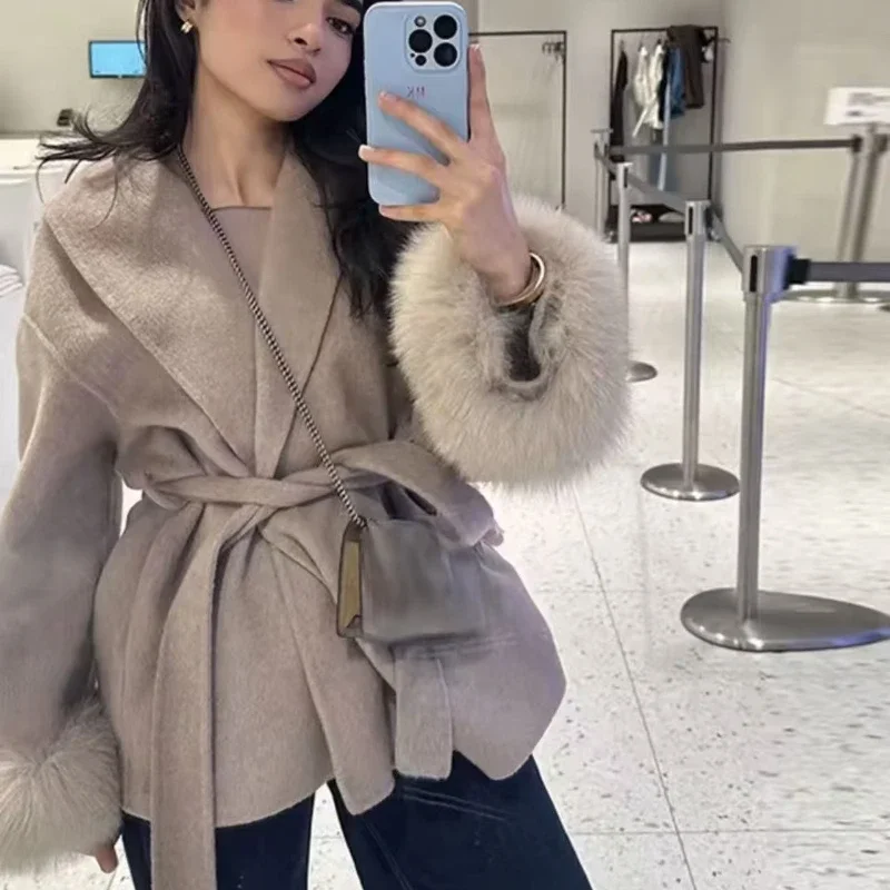 Fuzzy Spliced Belted Coat Classy Multi Color Turn Down Collar Long Sleeve Pockets Loose Fit Warm Winter Casual Outerwear Coat