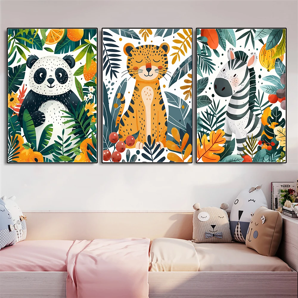 سفاري الحضانة غرفة الطفل ديكور الحيوان صور الفيل الباندا الزرافة النمر الرسم على لوحات القماش الجدارية غرفة اللعب طفل غرفة ديكور