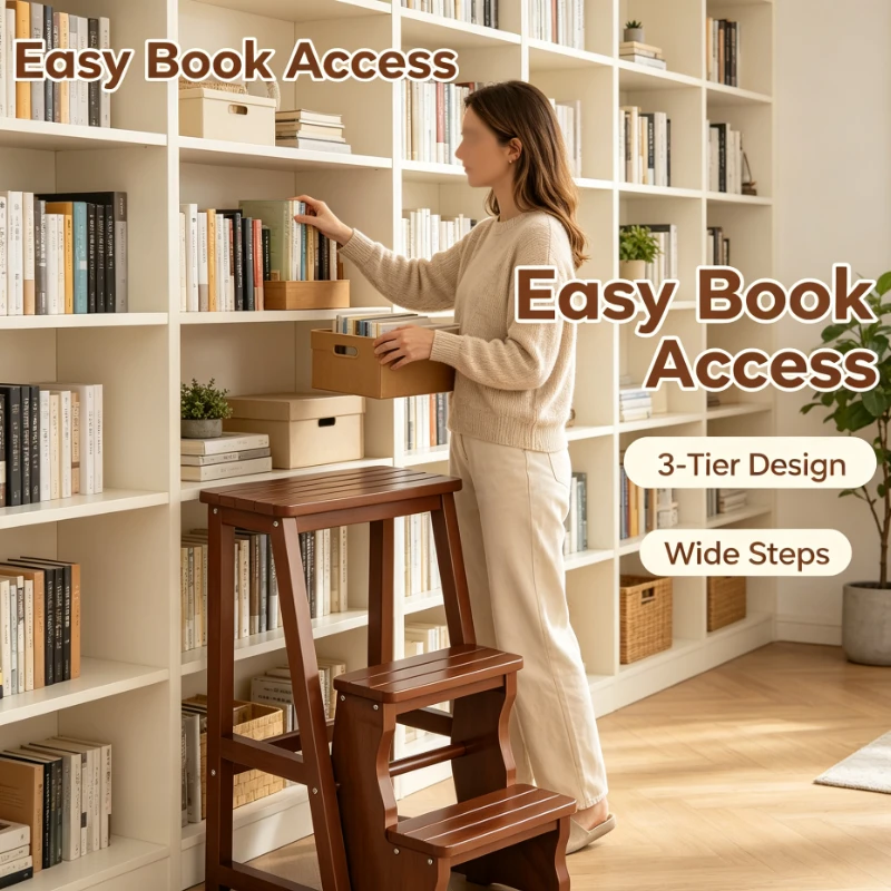 Foldable Wooden Ladder Stool With Dark Brown Finish For Indoor High Cabinet Access And Multi Purpose Storage