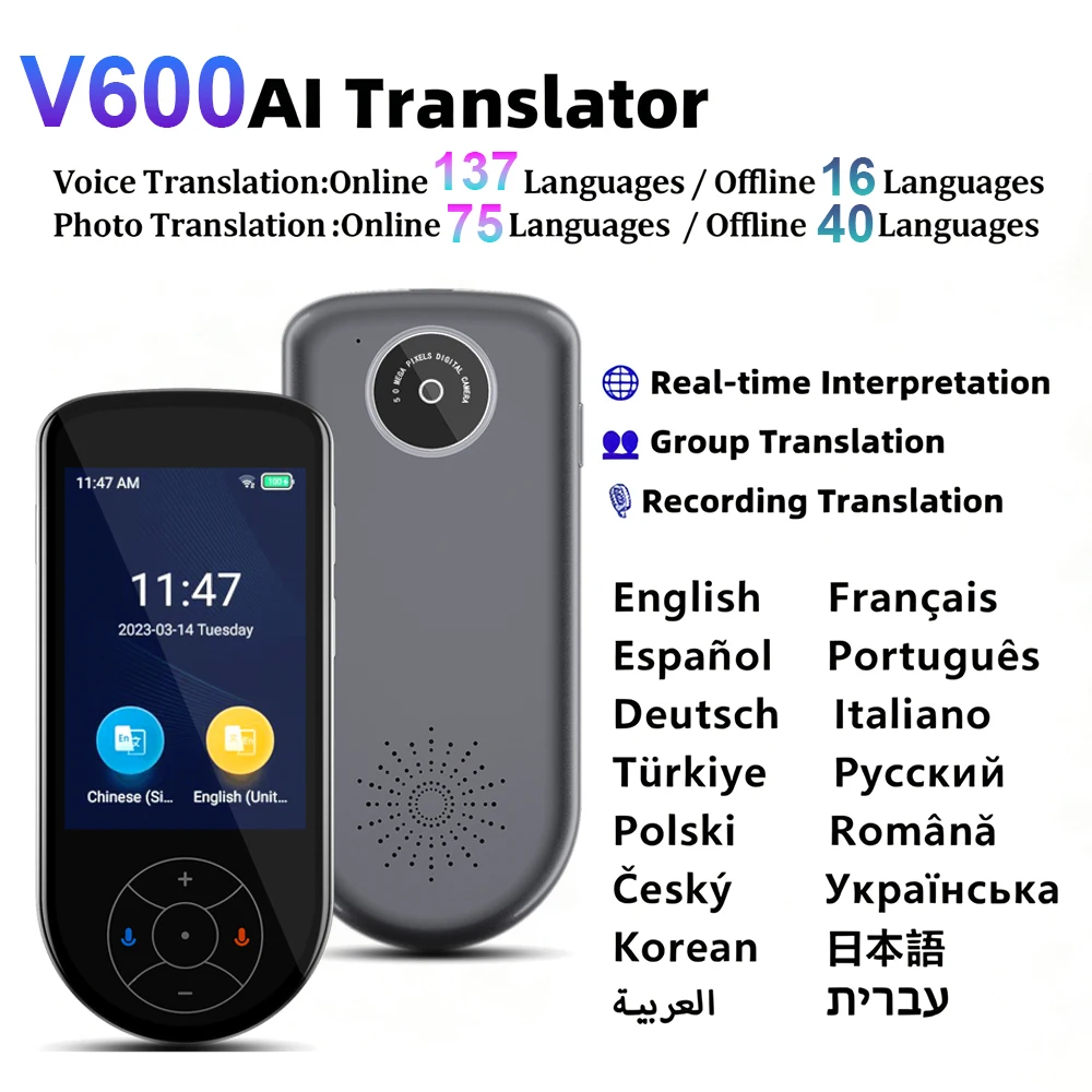 

Новый портативный голосовой переводчик V600, переводчик на 137 языков в реальном времени, умный переводчик, поддерживает 16 языков без подключения к интернету.