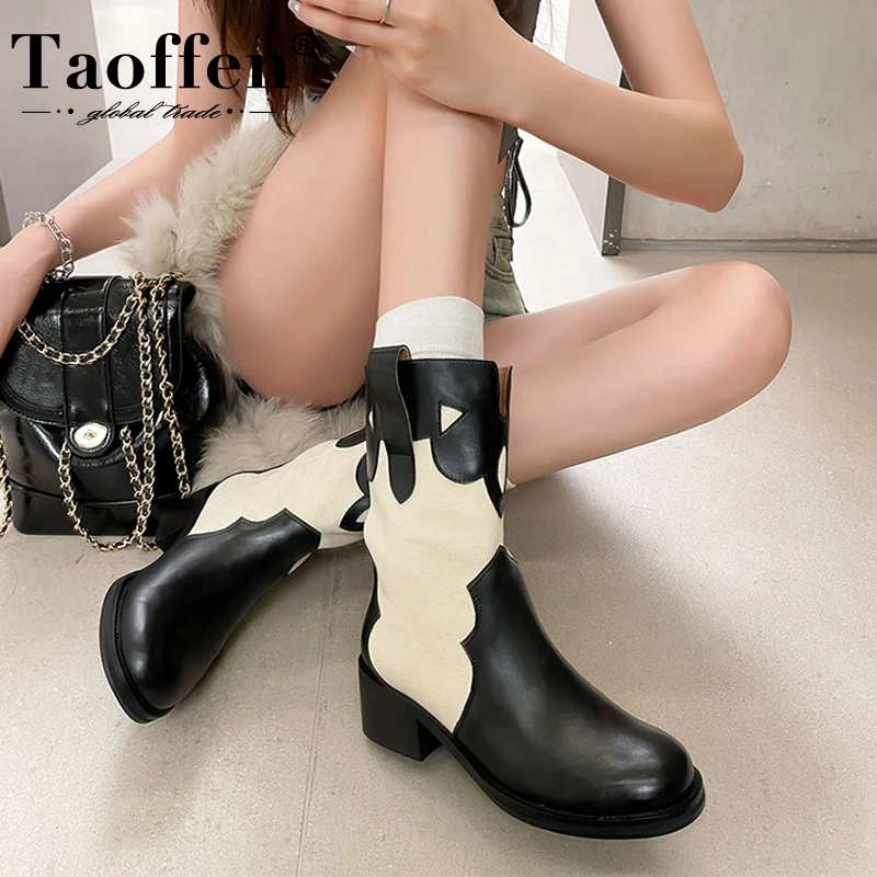 

Taoffen Western Cowgirl Boots Genuine Leather Round Toe Chunky Heels Fashion Slip On Casual Ladies Shoes Women Mid-calf Boots