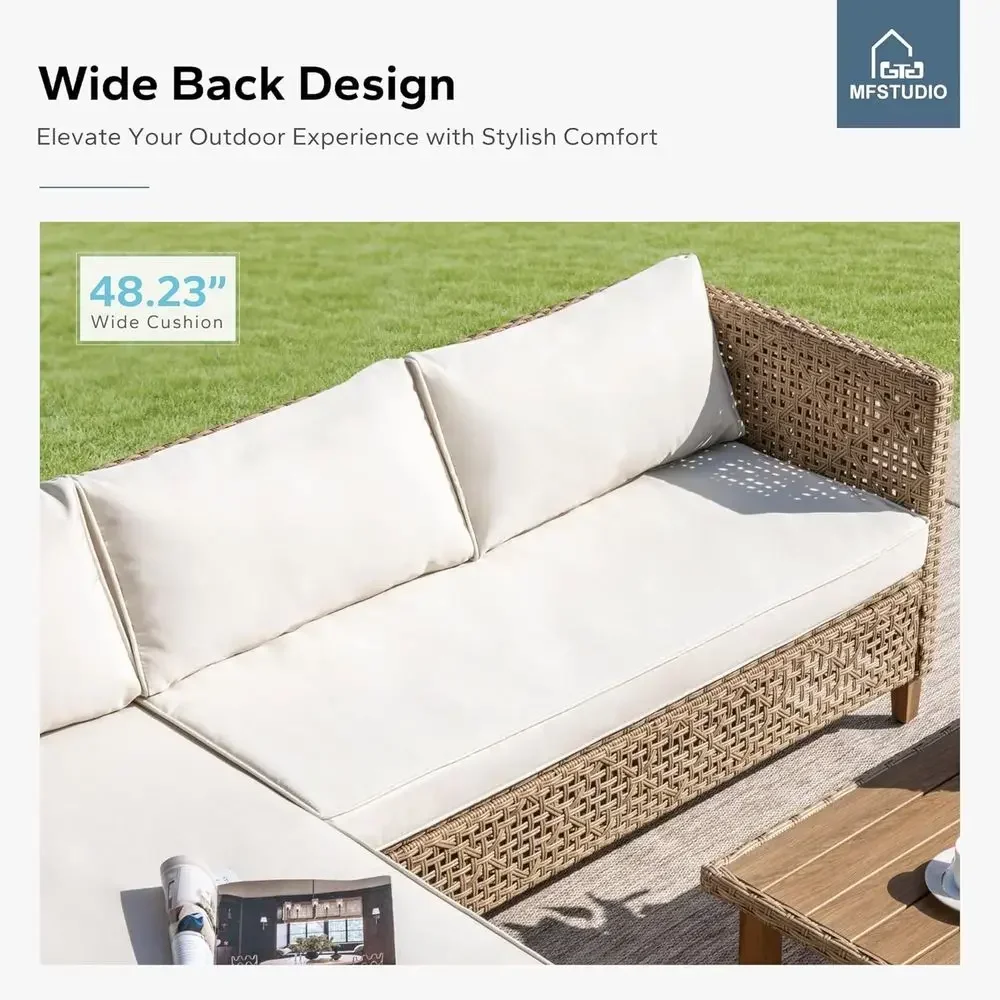 5-Piece Rattan Outdoor Sectional Sofa Set with Acacia Wood Coffee Table, Suitable for Patio, Garden, or Balcony, Beige