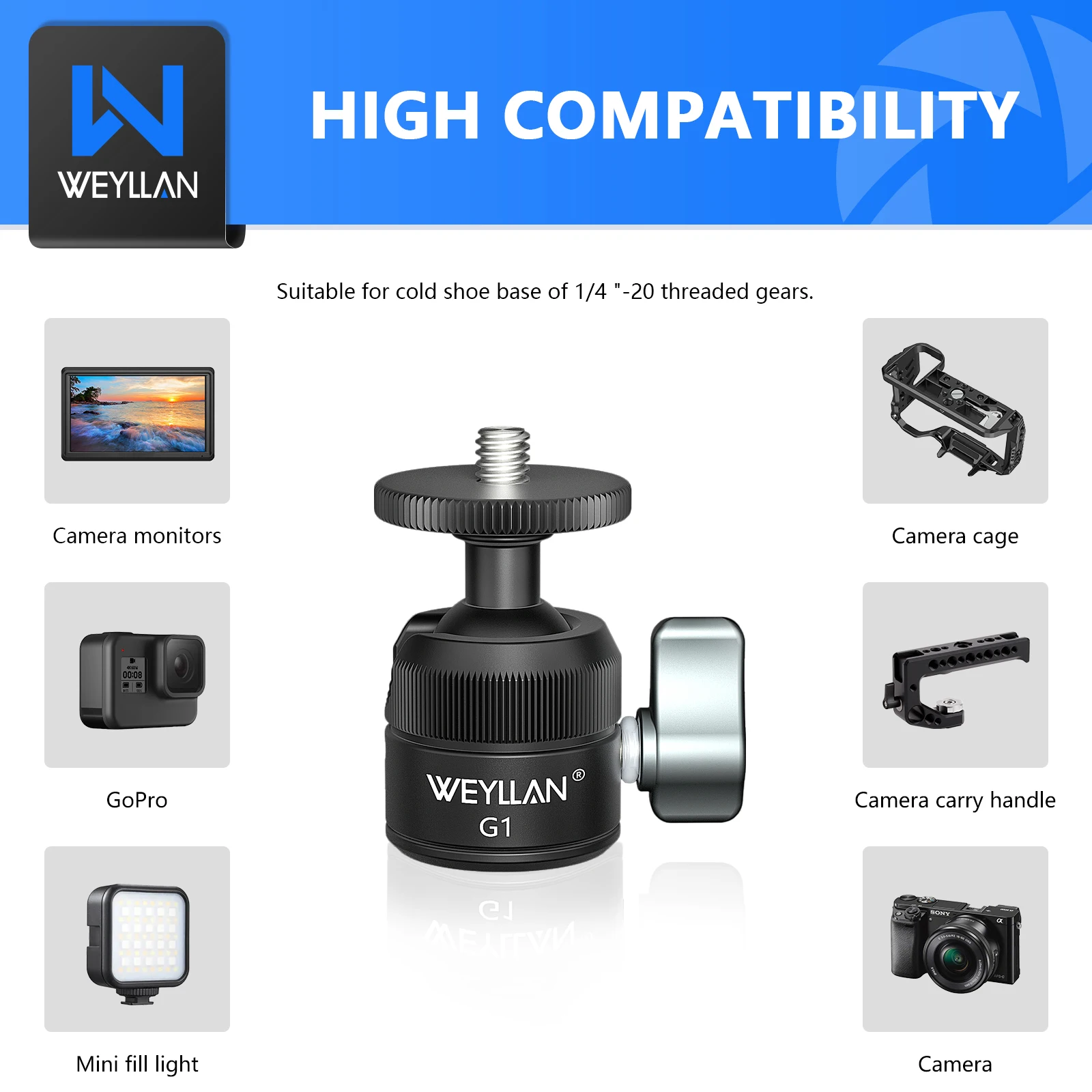 Weyllan G1 Mini tripod Head CNC Metal 18mm Cold Shoe Mount  Mini Ball Head 1/4\'\' Screw for  Camera Phone Holder Microphone Light