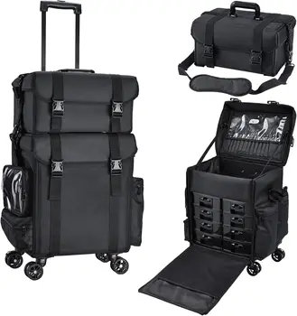 Profesyonel Makyaj Çantası, 2in1 Seyahat Haddeleme Çantası Yumuşak Taraflı Kozmetoloji Tren Çantası Tekerlekler ile Makyaj Sanatçısı Kozmetik Organize