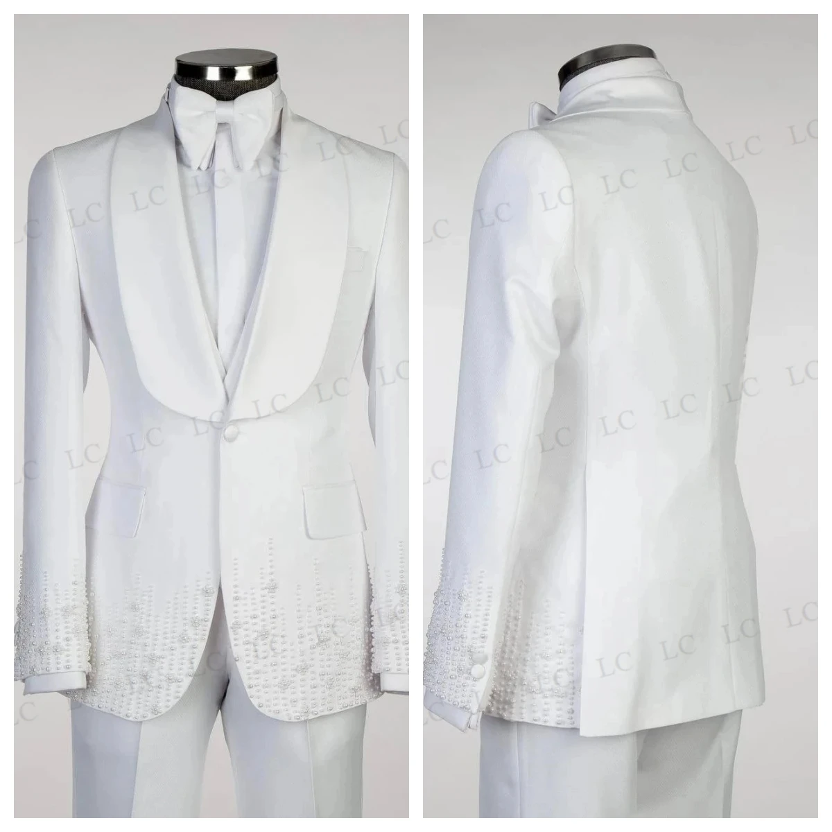 3 Pieces Pearls Men Suits One Button Wide Satin Lapel Beads Uniform Design Ceremony Formal Prom Wedding Groom Custom Plus Size