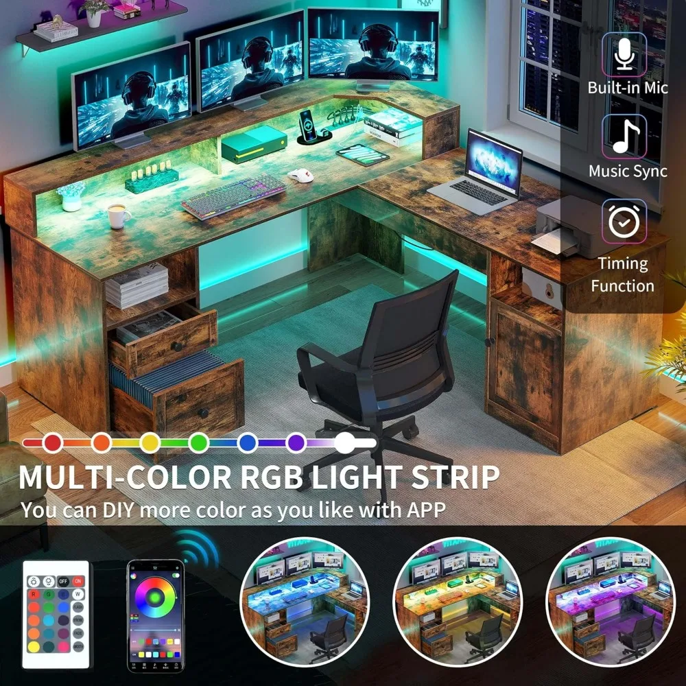 L Shaped Desk with Power Outlets & LED Lights, 60” Corner Computer Desk with Drawers & Lift Top, Home Office Desk