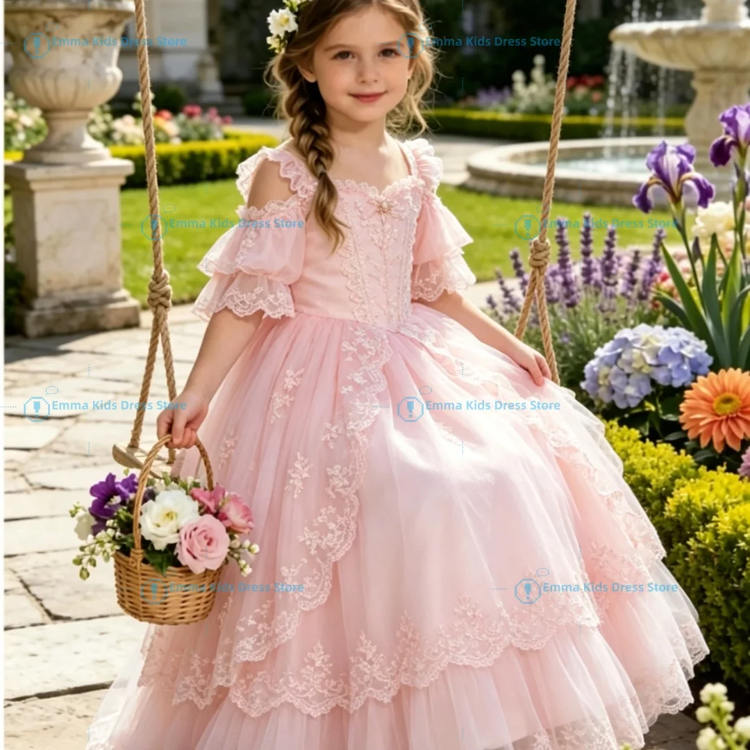robe-longue-rose-en-dentelle-a-epaules-denudees-pour-filles-avec-manches-a-volants-ideale-pour-mariage-demoiselle-d'honneur-fete-d'anniversaire-ou-robe-de-princesse-pour-enfants