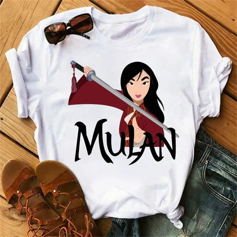 2024 New Disney Cartoon Mulan Princess Pattern Print Women's Cotton T-shirt Cute White Short Sleeve Y2K Couple Loose Casual Top