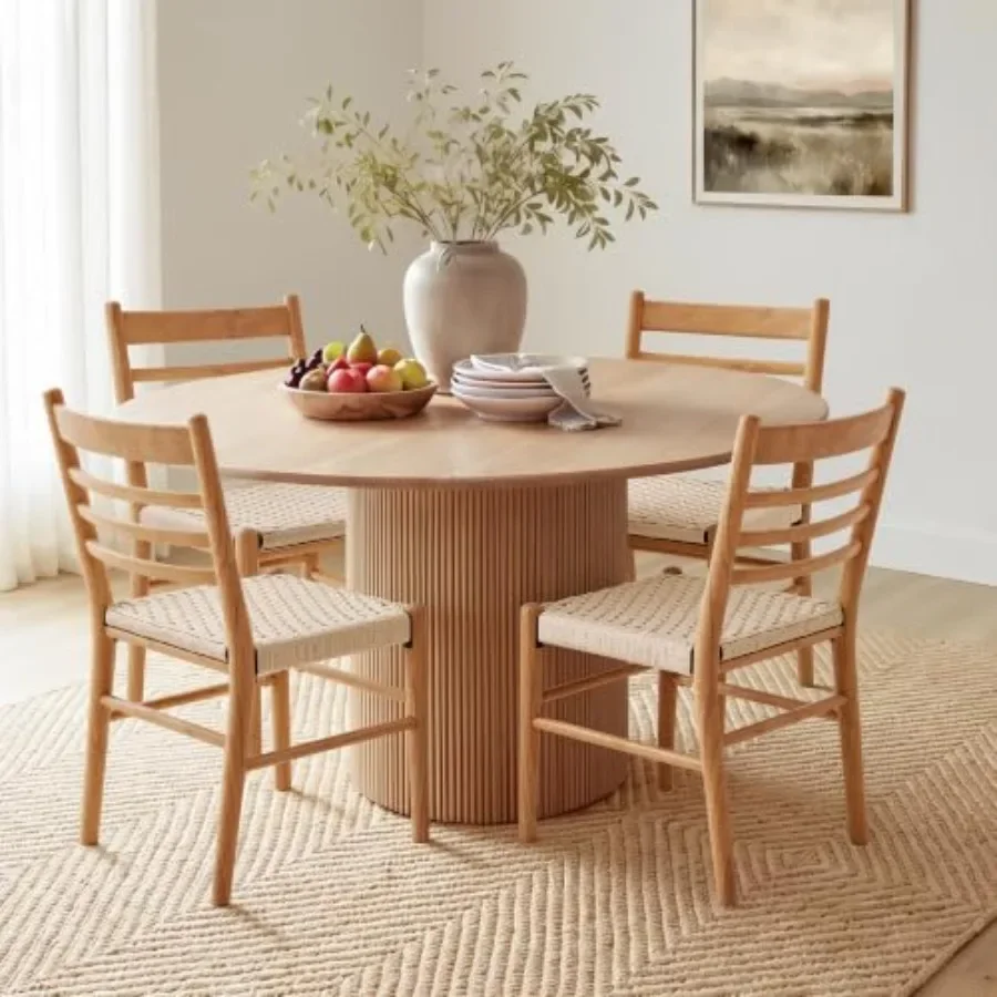 Dining Chairs Set of 4, Mid Century Modern Solid Rubberwood Ladder Back in Natural Brown, Hand Woven Rattan Paper Rope Seat Dur