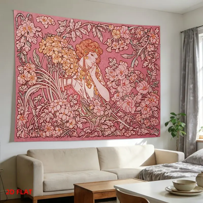 VIKAMA Art Nouveau Red Hair Lady Wide Tapestry Hanging for Living Room Wall Art Cozy Aesthetic Warm Unique Home Decor