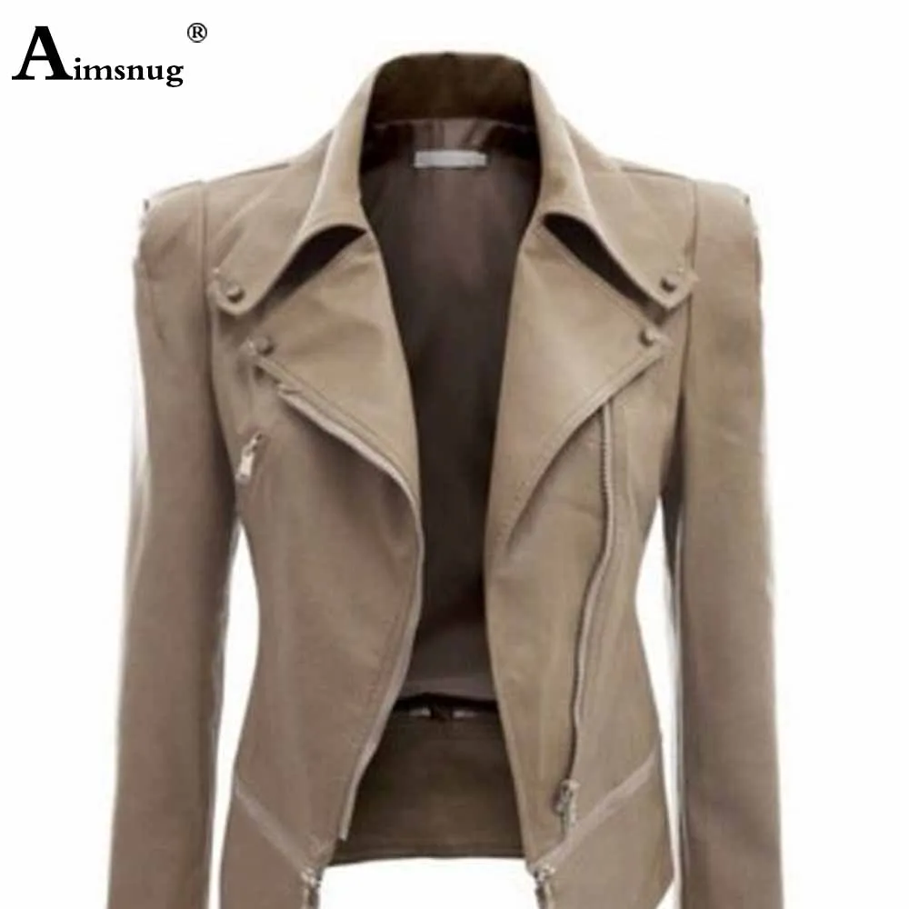 Apricot Faux PU Leather Jacket Women\'s Suede Coat Sexy Tunic Outerwear Zipper Motorcycle Coat 2023 Autumn Fashion Biker Jackets