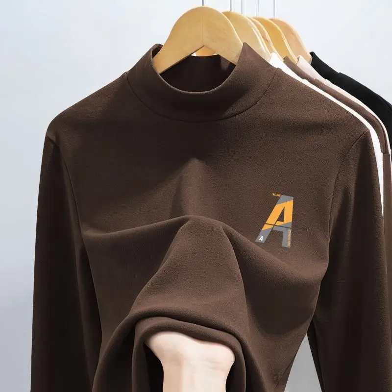 Men's Thermal Long Sleeve Shirts Crew Neck De Velvet Slim Half High Collar Base Layer Top Printed Letters Casual Warm T-shirt