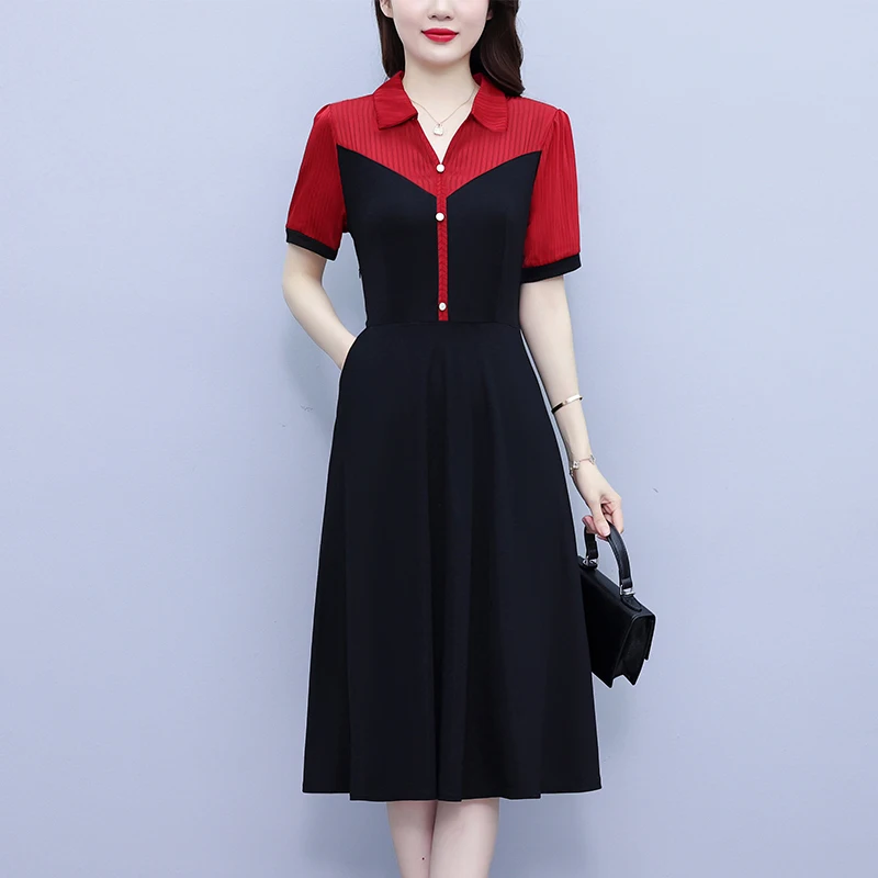 #7972 False Two Piece Shirt Dress Women Half Open Collar High Waisted A-line Dress Puff Short Sleeve Korean Fashion Split Joint