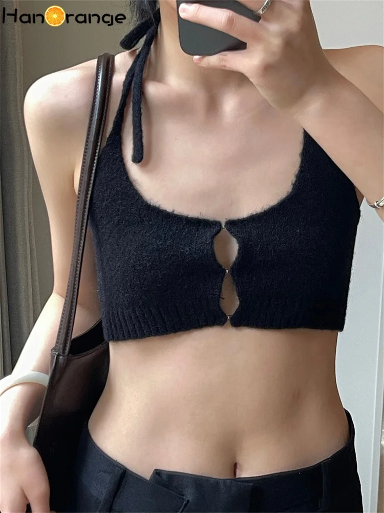 

HanOrange 2025 Summer Sexy Hot Wool Knitted Camis Women Neck Strap Soft Glutinous Sleeveless Top Black/Purple/Gray White