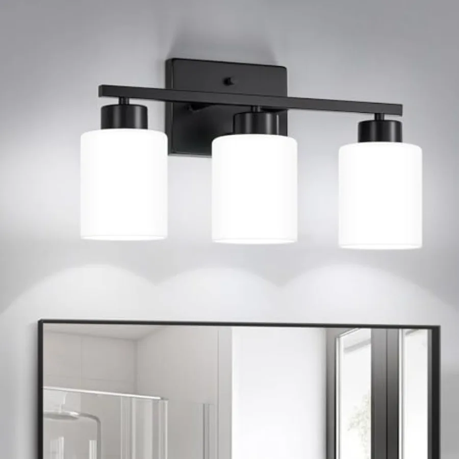 

Black Bathroom Light Fixtures 3-Light Modern Vanity Light Over Mirror Wall Sconces with Milky White Frosted Glass Shades E26 So