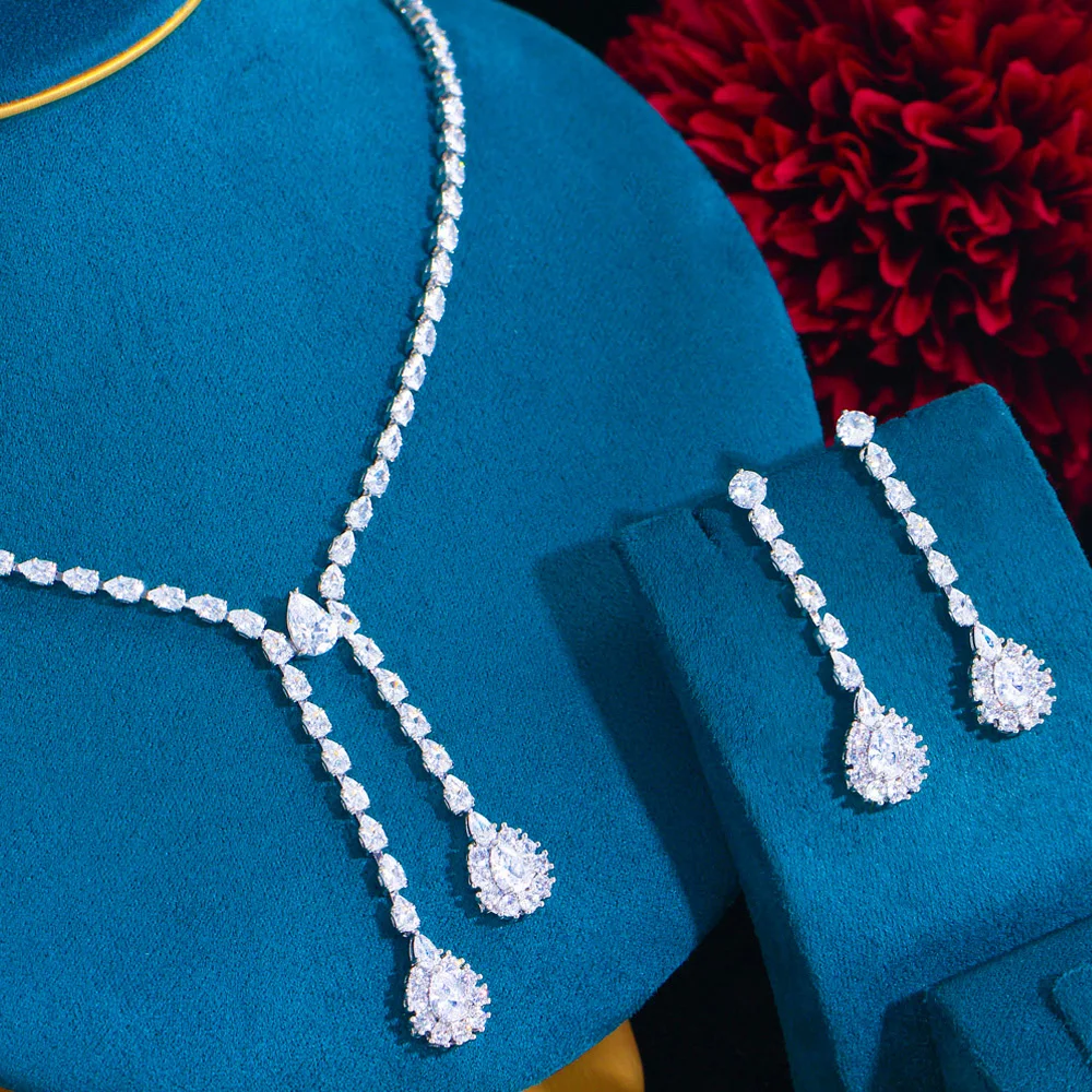 

Pera Brand Designer Elegant Bridal Wedding Long Pendant Necklace Earrings Clear White CZ Crsytal Jewelry Sets for Brides J392