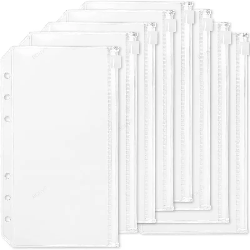 6 Pack Clear Zipper Pouches for A5 A6 A7 Binders - 6 Holes Binder Inserts Cash Envelopes - Document Protection Pouches
