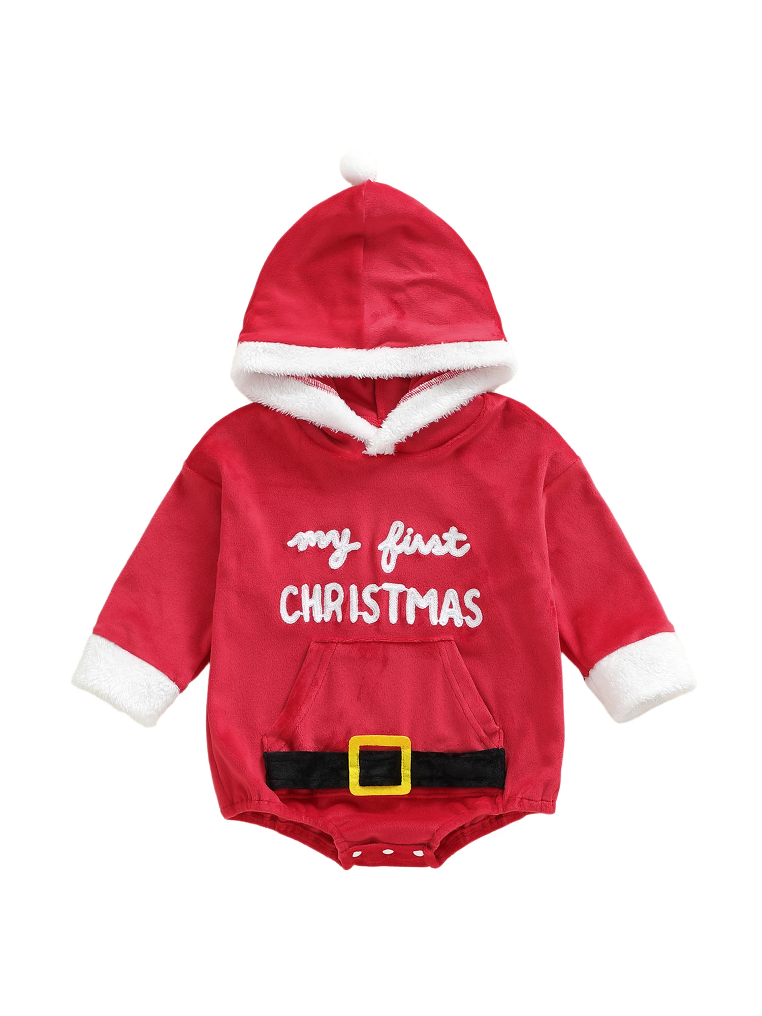 Świąteczny kombinezon niemowlęcy z długimi rękawami i kieszenią z przodu z haftowanymi literami - świąteczny strój Świętego Mikołaja dla noworodków