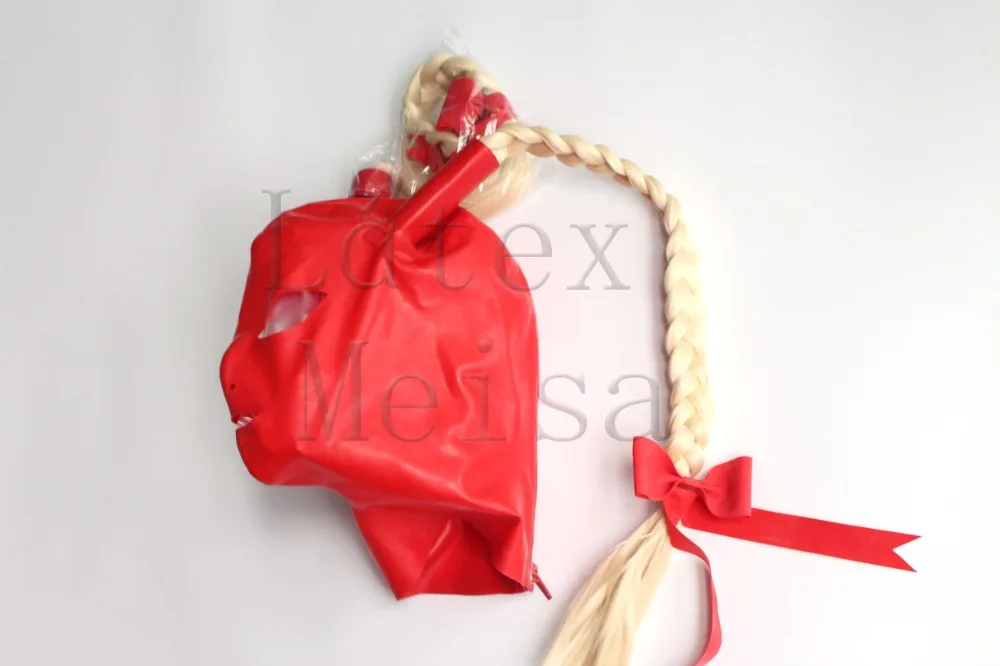 Cagoules Zentai en latex pour femmes, tresses attachées et yeux ouverts, narines et bouche de couleur rouge avec fermeture éclair au dos