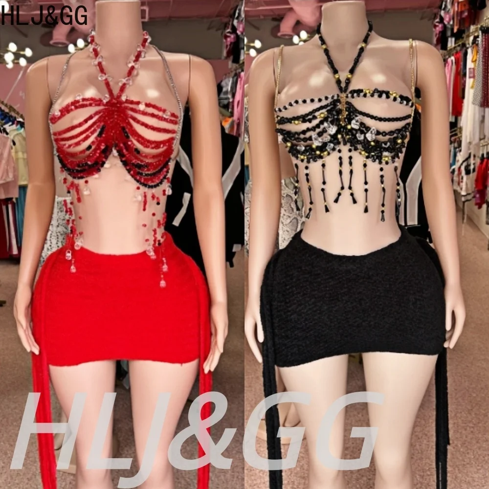 HLJ&GG Sexy Rhinestone Beads Halter Hollow Vest Two Piece Sets Women Sleeveless Backless Crop Top+Tassel Mini Skirts Streetwear