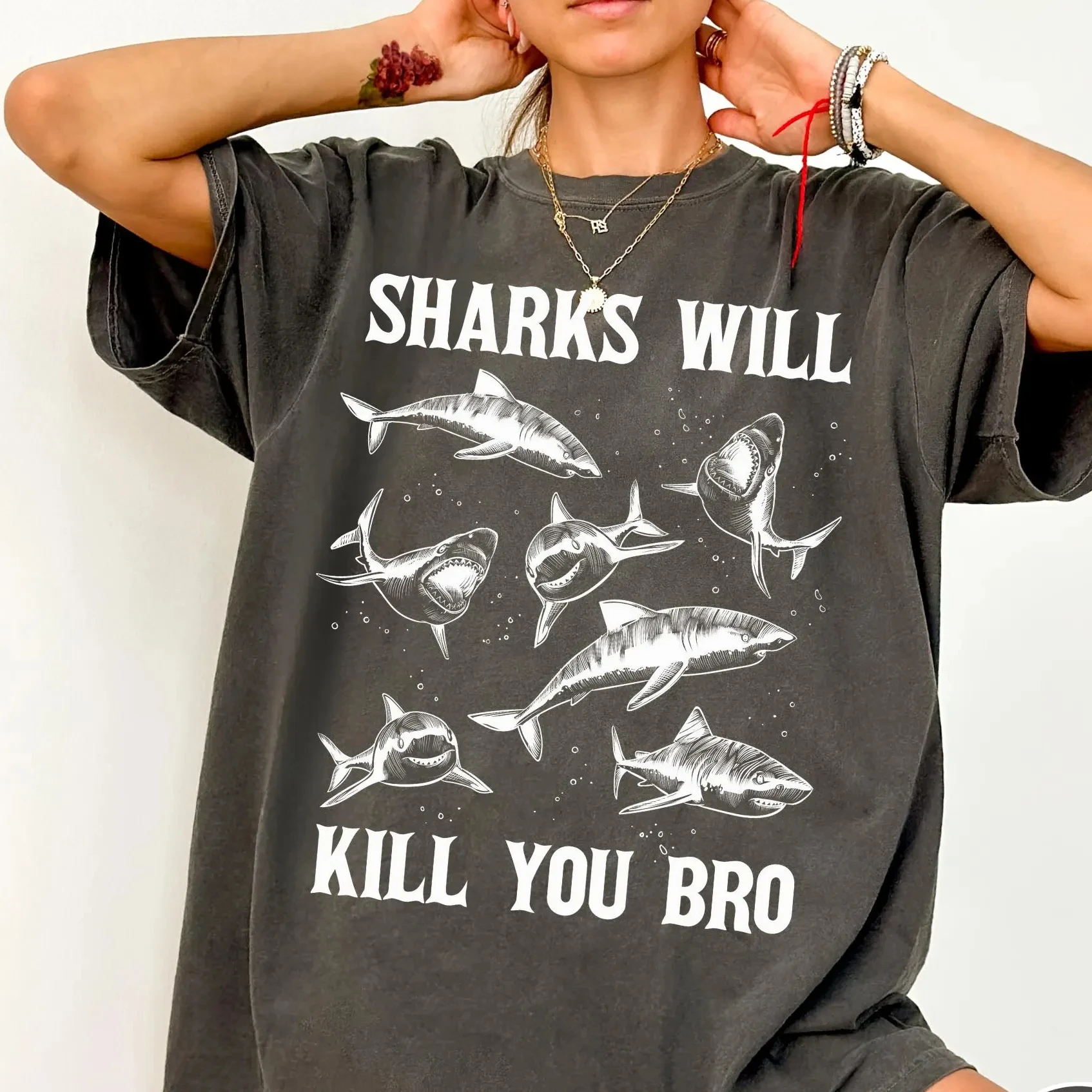 Sharks Will Kill You Bro T-Shirt Funny Beach Shirt Vintage Shark Tshirt Retro Ocean Tshirt Women's T-shirts for Summer