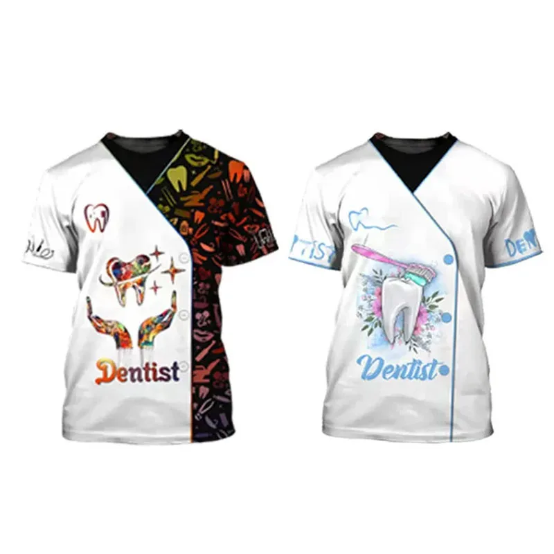 Dental Workwear Creativity Novelty Tooth Print Design T Shirts Dentist Work Uniform Breathable Quick Drying for Men and Women