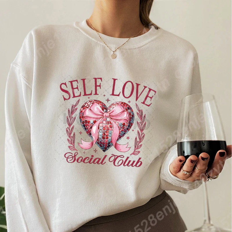 Women Fall & Winter Long Sleeve Hoodless Pullovers Valentine's Day Bow Heart Self Love Social Club Graphic Round Neck Sweatshirt