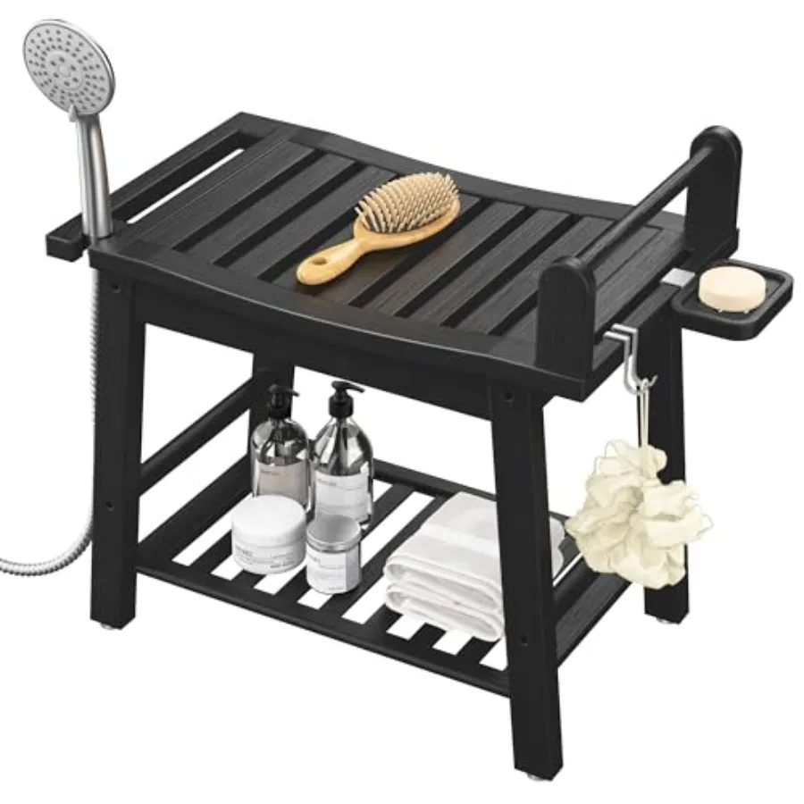 Bamboo Shower Benches for Inside Shower to Sit on 2-Tier Shower Stool Waterproof with Arm Heavy Duty Bathroom Bench with Storag